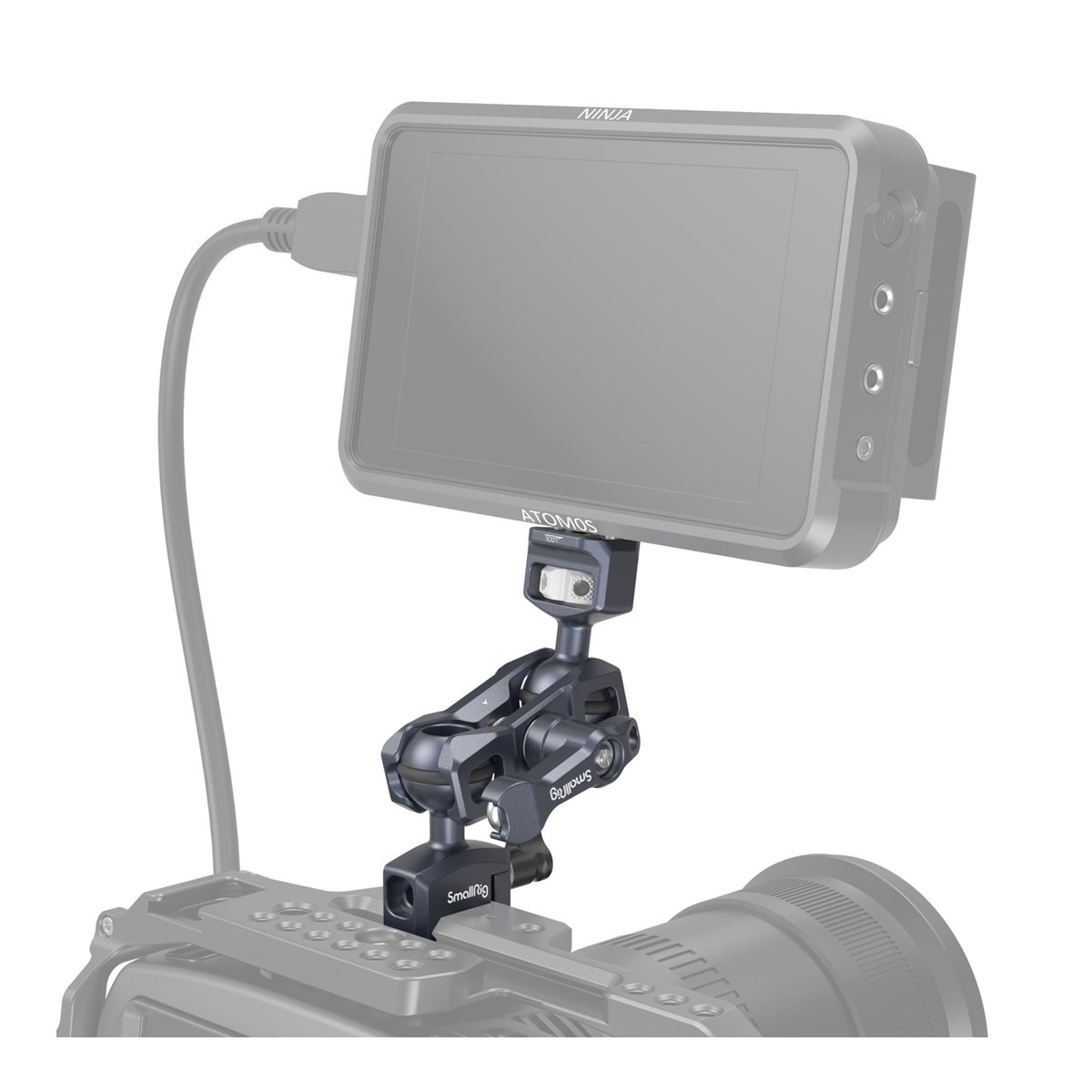 SmallRig 3875 Magic Arm m. Doppelkugel- Kopf (1/4"-20 Schraube+NATO Klemme) - Anwendungsbeispiel: SmallRig Gelenkarm mit Monitor auf Kamera montiert.