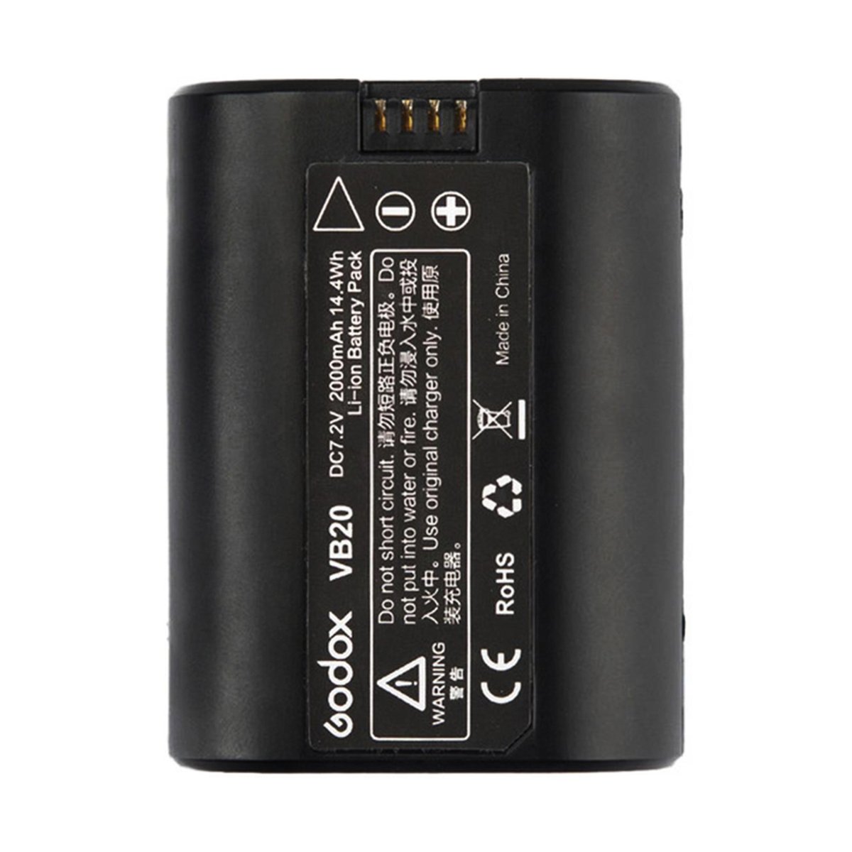 Godox Accu V3-serie - Vorderansicht Godox VB20 Li-Ion Akku mit Spezifikationen und Warnhinweisen