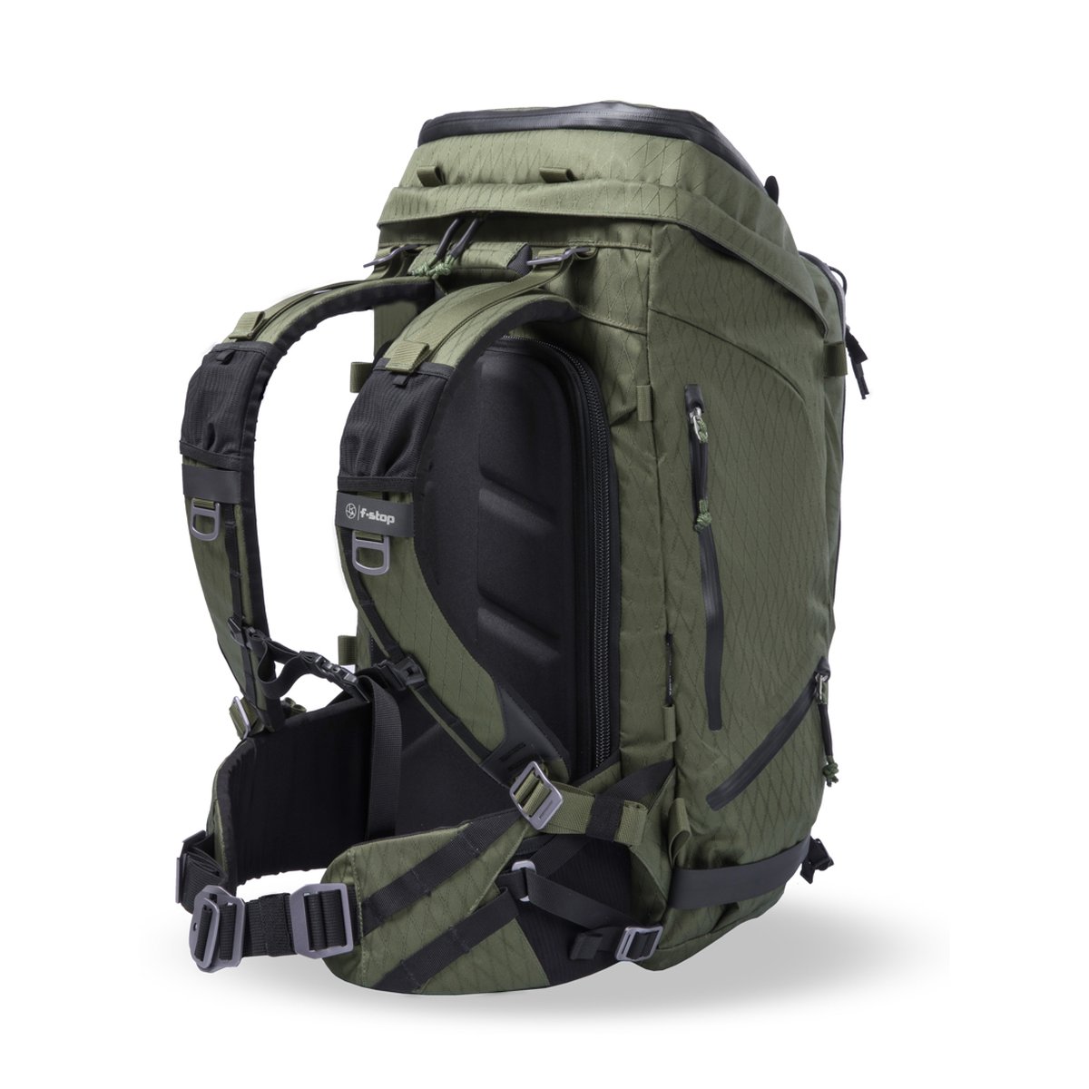 F-Stop DuraDiamond Tilopa - Zypresse - Rückenansicht des grünen Rucksacks mit Tragesystem und Hüftgurt. F-Stop DuraDiamond Tilopa - Zypresse - Rückenansicht des grünen Rucksacks mit Tragesystem und Hüftgurt.