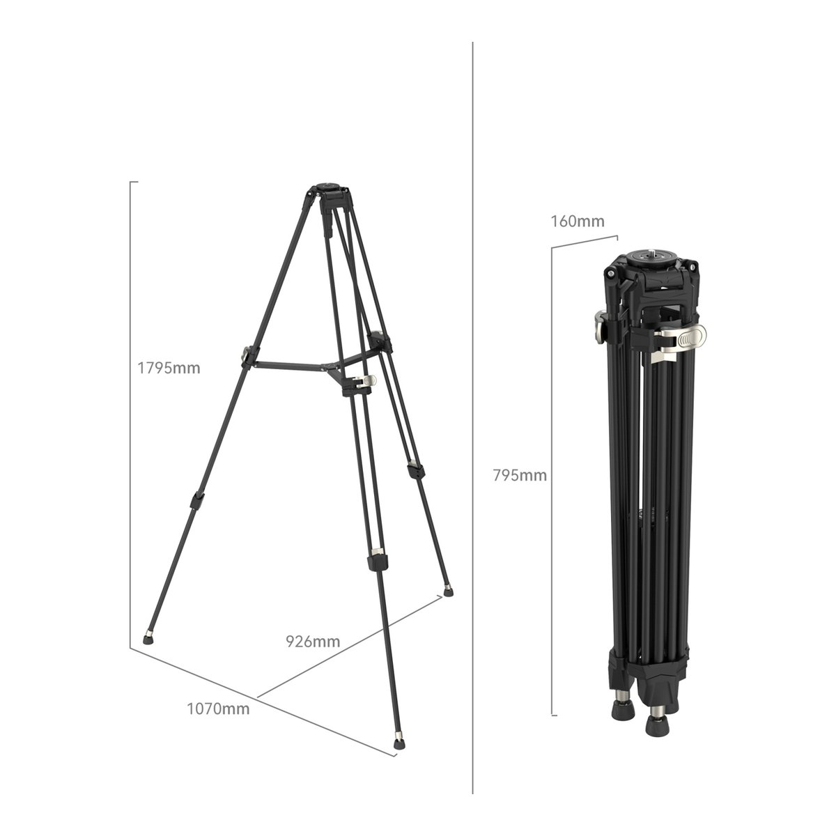 SmallRig 4164 FreeBlazer Heavy-Duty Stativ aus Aluminiumlegierung AD-80 - Maße des Stativs im ausgefahrenen und zusammengeklappten Zustand.