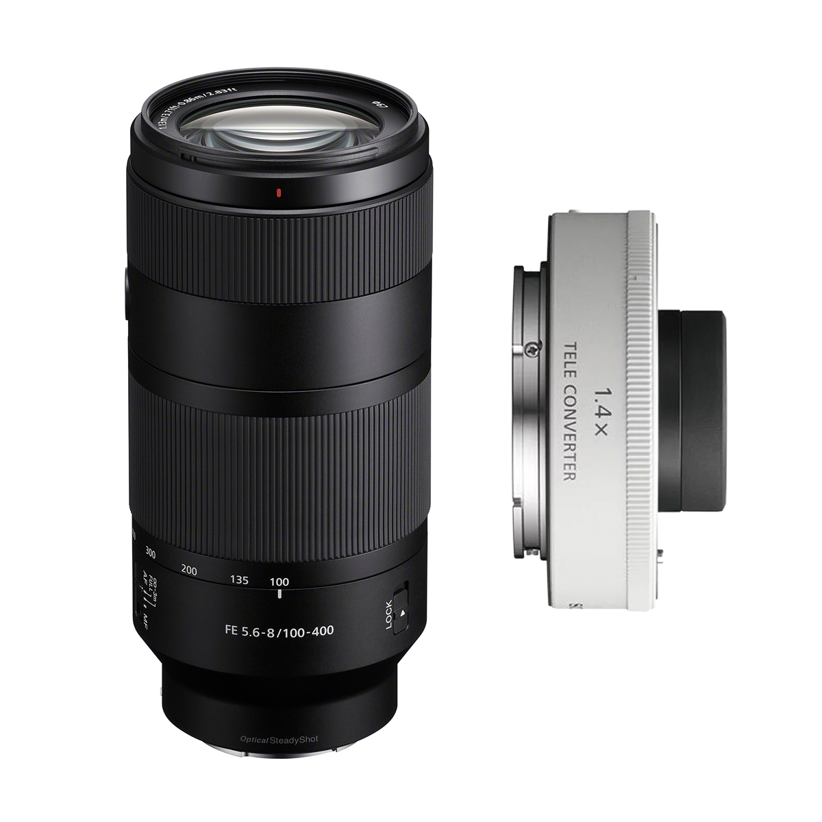 Sony 100-400 mm Telezoomobjketiv für Vollformat schwarz mit 1,4x Telekonverter weiß