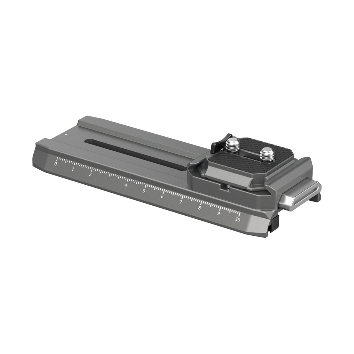 SmallRig 4638 HawkLock H38 Manfrotto QR-Plate für DJI Stabilisatoren - DETAILANSICHT: Graue Makrorail mit Schnellwechselplatte und Messskala.