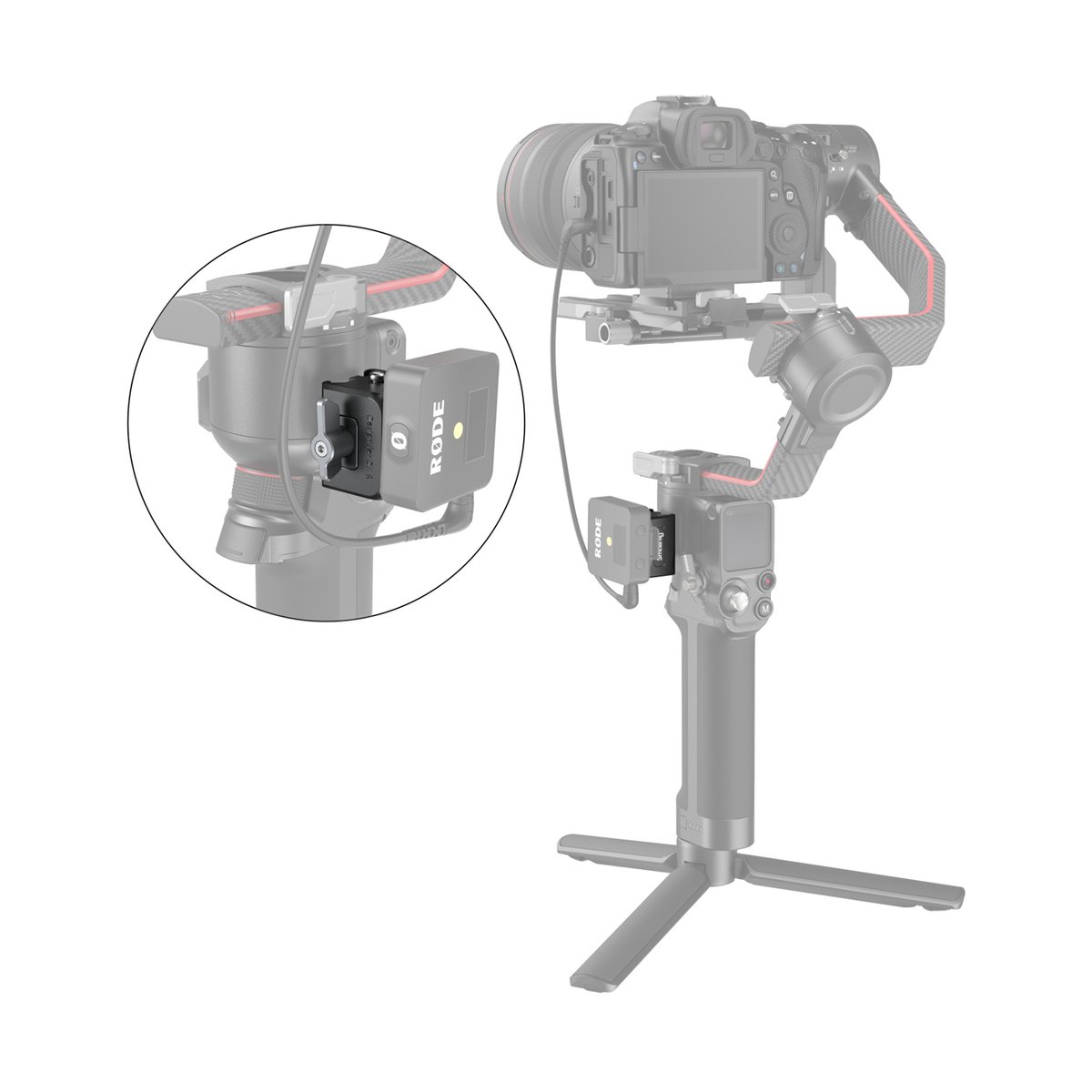 SmallRig 3025 Klammer-Zubehörhalterung für DJI RS 2/RSC 2/RS 3/RS 3 Pro - Anwendungsbeispiel: RODE Wireless Go Receiver an Kamera/Gimbal montiert, mit Detail der Befestigung.