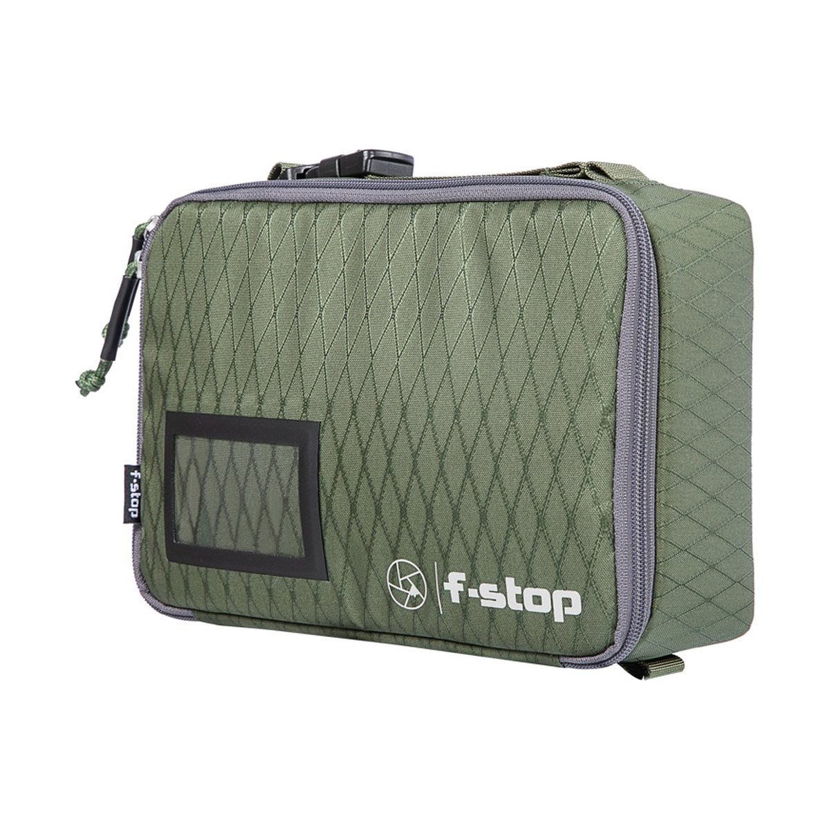F-Stop Drone Case Small - Schräge Frontansicht der grünen Zubehörtasche mit Zipper und Logo.