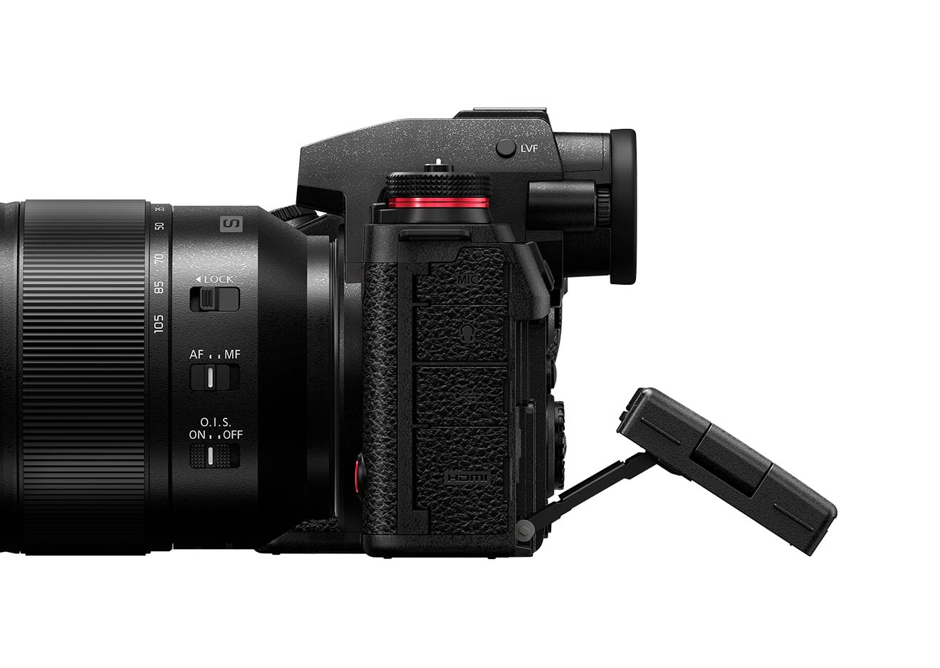 Panasonic S1 II Seitenansicht mit geöffneter Anschlussabdeckung für HDMI und Mikrofon – robuste Vollformatkamera für Foto und Video