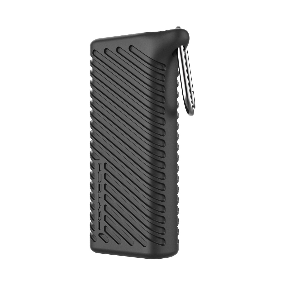 PGYTECH CreateMate High-speed Card Reader Case Black - Angewinkelte Ansicht des schwarzen, geriffelten Gehäuses mit Metallschlaufe.