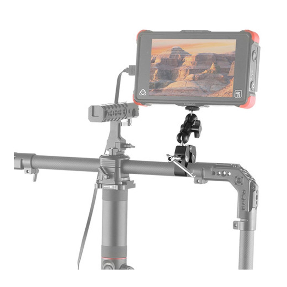 SmallRig 2164 Super Clamp mit Ballhead Gelenkarm (Crab-Shaped) - Anwendungsbeispiel: Monitor an Kamera-Rig mit Klemme und Gelenkarm befestigt.