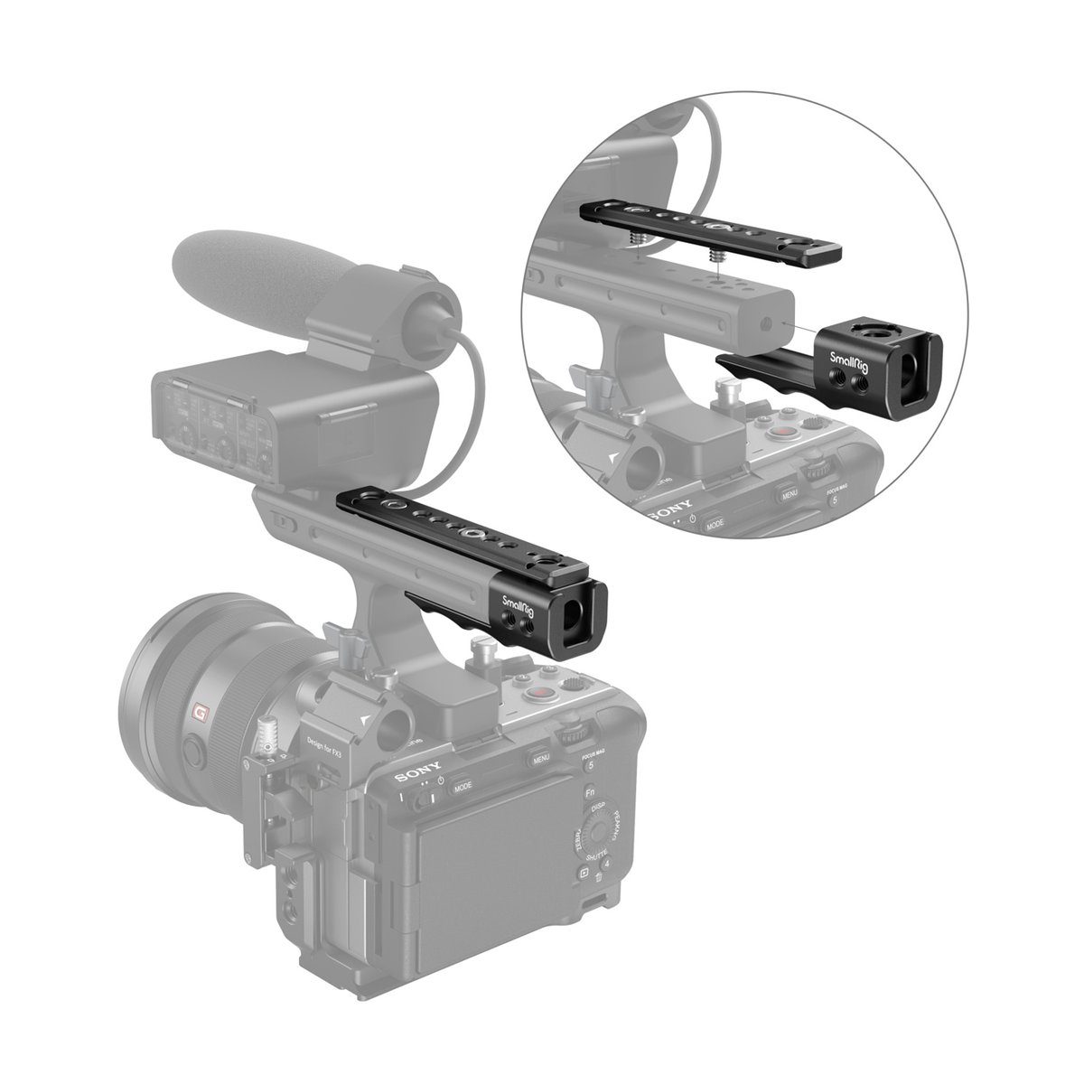 SmallRig 3490 XLR Handgrifferweiterung mit NATO Schiene für Sony FX3 - Anwendungsbeispiel: SmallRig Top-Griff am Kamera-Rig, mit Detailansicht der Montage.