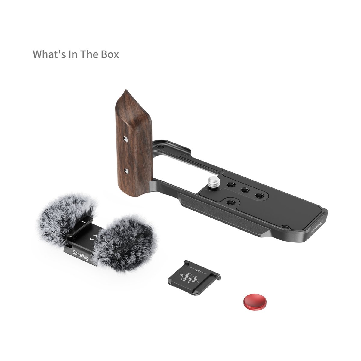 SmallRig 5260 L-förmige Montageplatte mit Holzgriff, schwarz, für FUJIFILM X-M5 - Lieferumfang: Kamera-Rig mit Holzgriff, zwei Fellmikrofone, Adapter und roter Knopf.