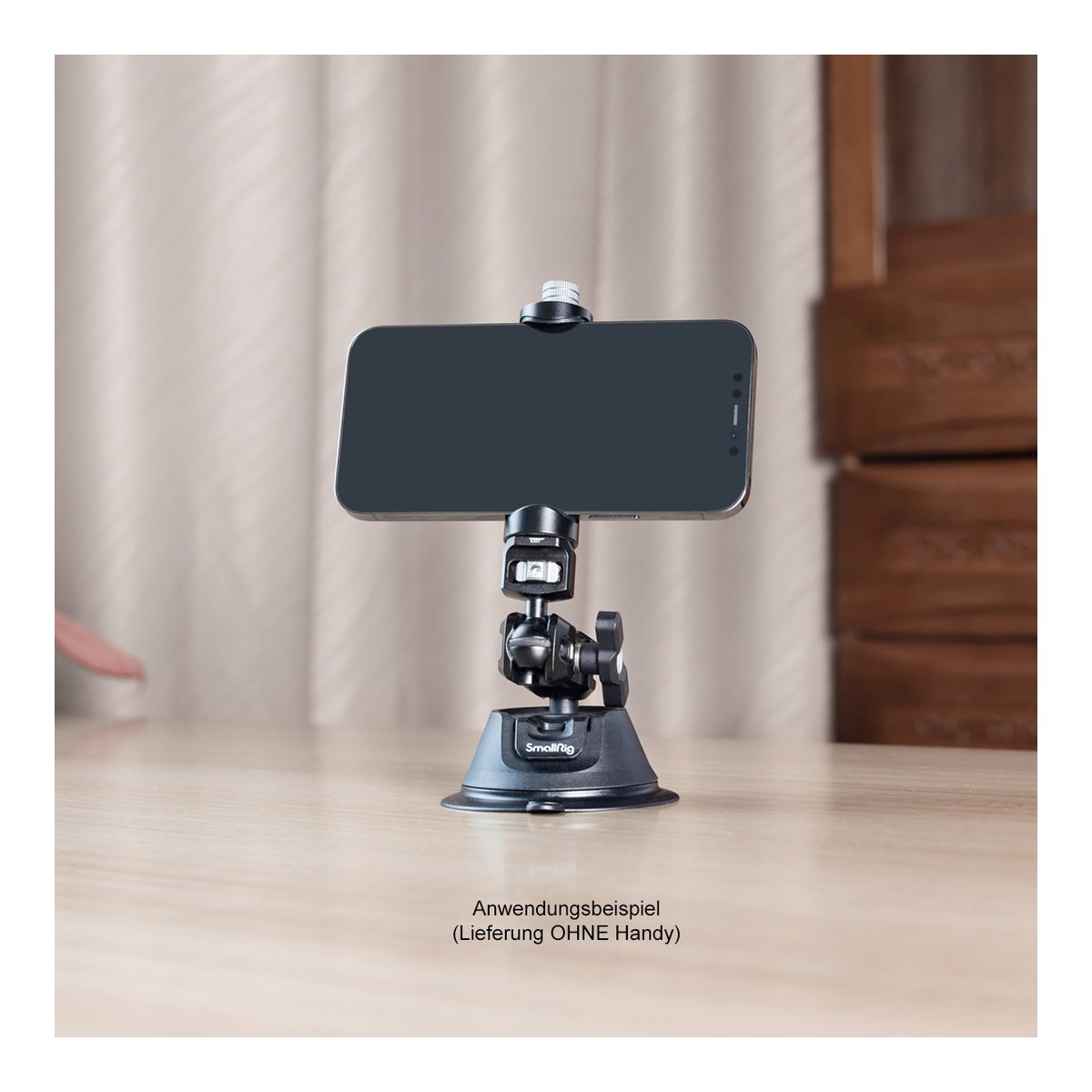 SmallRig 4275 SC-1K Portable Suction Cup Mount Support Kit, Saugnapf+Handyhalter - Anwendungsbeispiel: Smartphone in Saugfuß-Halterung auf einem Tisch.