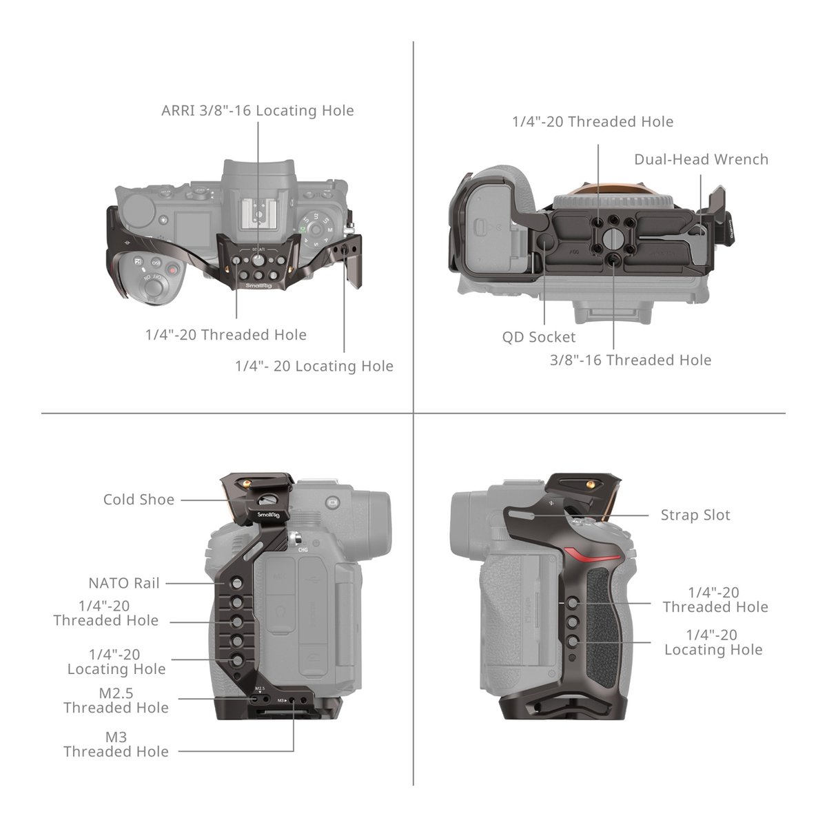 SmallRig 4521 Night Eagle Cage für Nikon Z 6III - TECHNISCHE DETAILANSICHT EINES KAMERAKÄFIGS MIT BESCHRIFTETEN ANSCHLÜSSEN (GEWINDE, KALTSCHUH, NATO-SCHIENE) AUS VIER PERSPEKTIVEN
