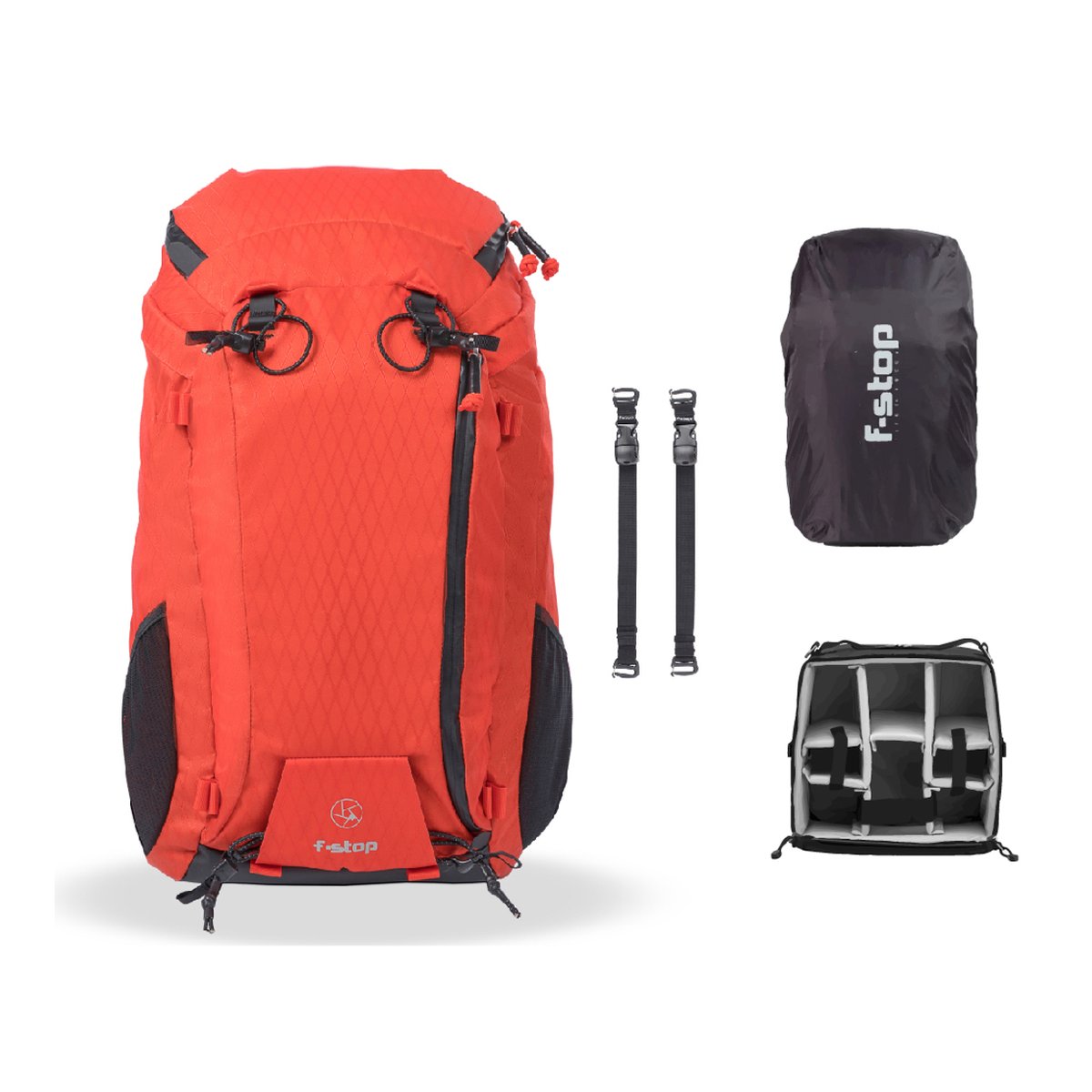 F-Stop DuraDiamond Ajna Bundle - Magma - Lieferumfang: Oranger F-stop Rucksack, Regenhülle, zwei Gurte, Kamera-Inlay.