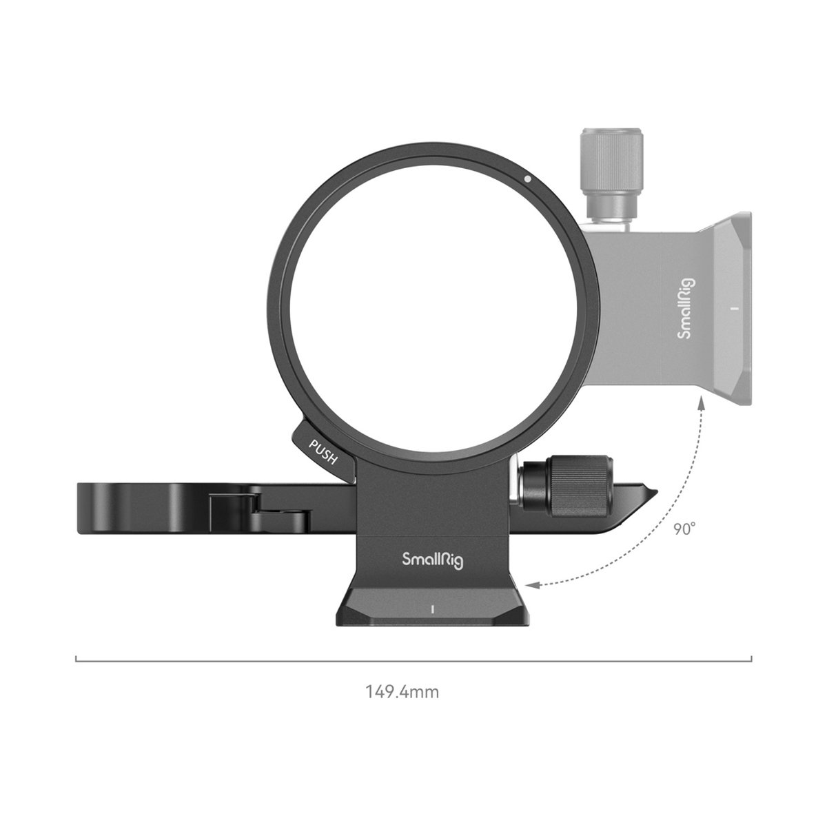 SmallRig 4148 Drehbares Horizontal- Vertikal Montageplatten-Kit - Ansicht der 90-Grad-Drehfunktion des SmallRig Objektivschellenrings mit Maßen