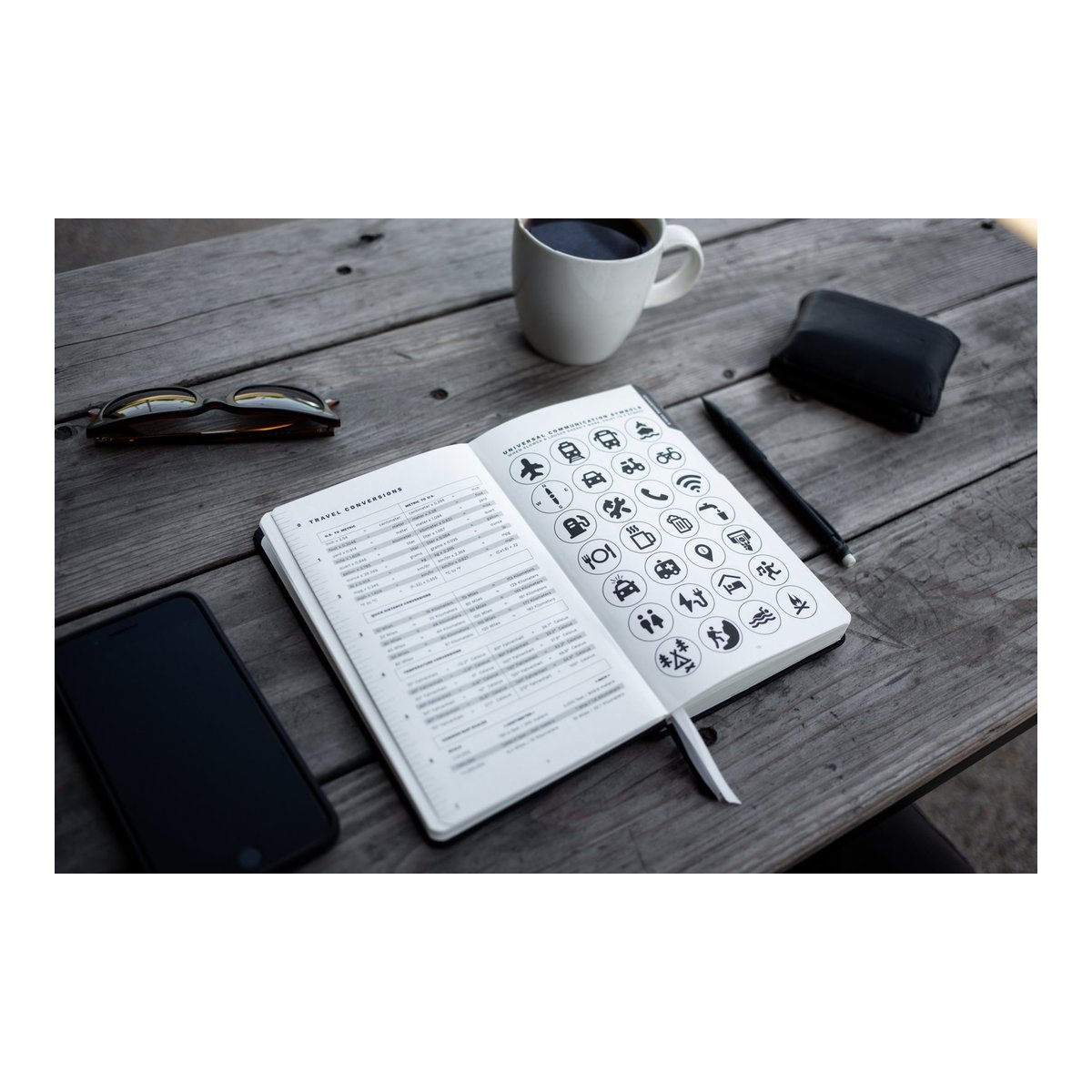 WANDRD THE TRAVEL JOURNAL Black - Anwendungsbeispiel auf Holztisch mit offenem Notizbuch, Kaffee, Sonnenbrille, Handy und Geldbörse