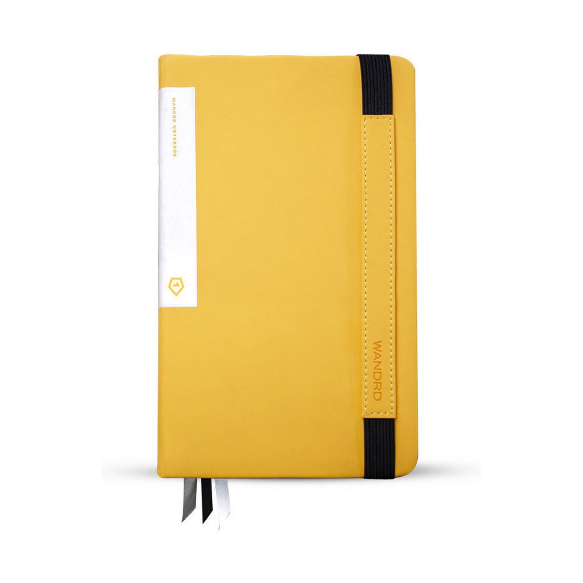 WANDRD NOTEBOOK Yellow - Frontansicht eines gelben Notizbuchs mit weißem Rückenetikett, schwarzem Gummiband und Lesezeichen.