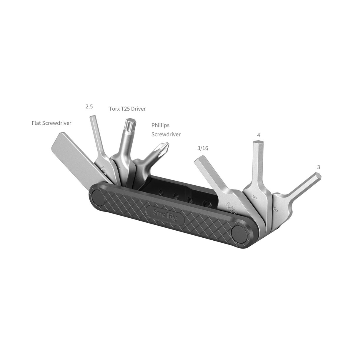 SmallRig 4681 Black, faltbares Multi-Tool Kit - Ansicht des Multifunktionswerkzeugs mit allen ausgeklappten Werkzeugen und deren Beschriftung