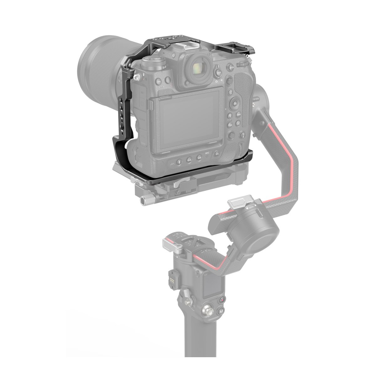 SmallRig 3195 Cage für Nikon Z9 - Anwendungsbeispiel: Rückansicht Kamerakäfig auf Kamera und Gimbal.