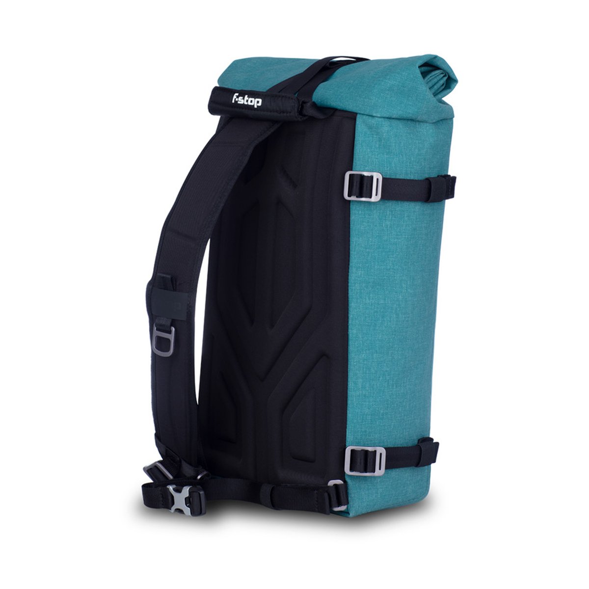 F-Stop DYOTA 11 North Sea (türkis) - Rückansicht des f-stop Rucksacks in Türkis, mit schwarzer Rückenpolsterung und Schultergurt.