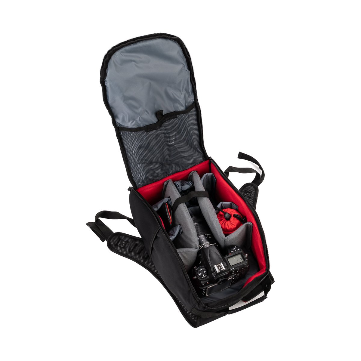Caruba Skydex 100 - Innenansicht geöffneter Fotorucksack mit Kameraausrüstung
