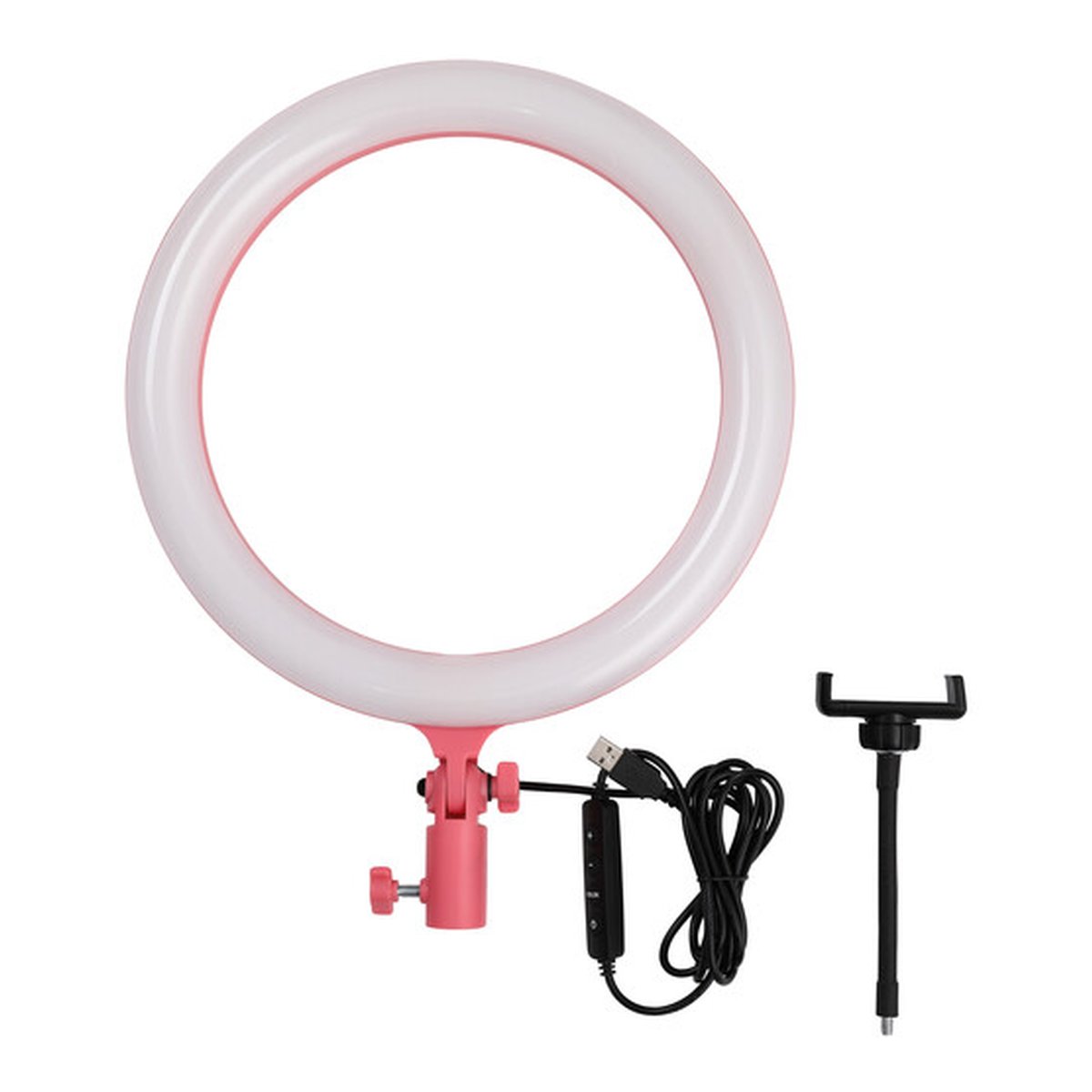 Godox LR120 LED Ring Licht Pink - Lieferumfang: Ringlicht, USB-Kabel mit Bedienelementen und Smartphone-Halterung.