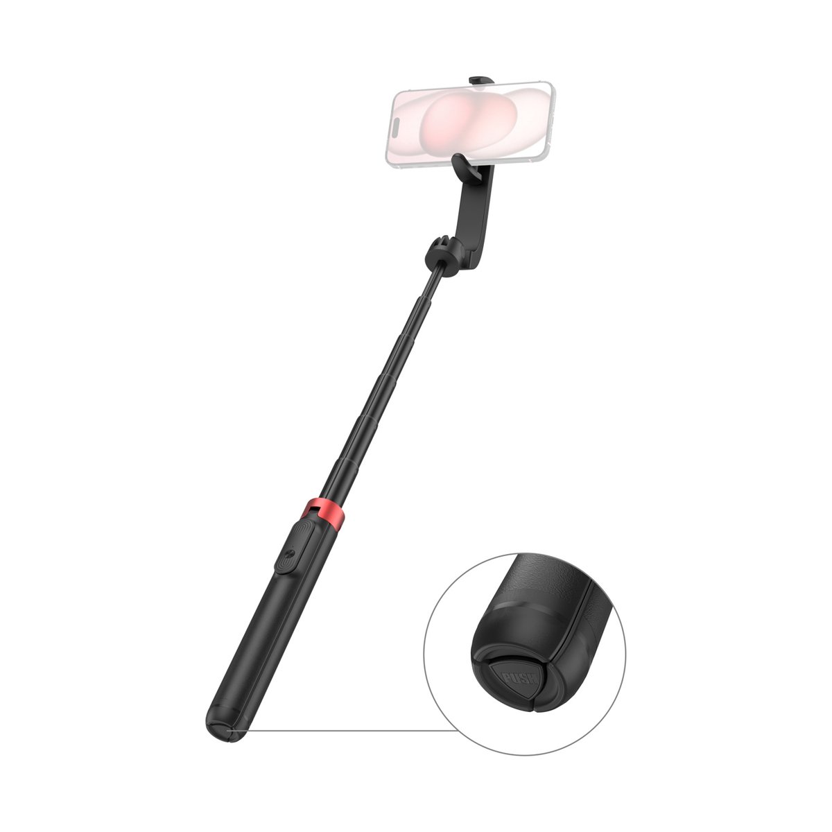SmallRig 4731 ST-25 Pro schwarz Selfie Stick Stativ - Ausgefahrener Selfie Stick mit eingespanntem Smartphone und Detailansicht der Push-Taste am Griff.