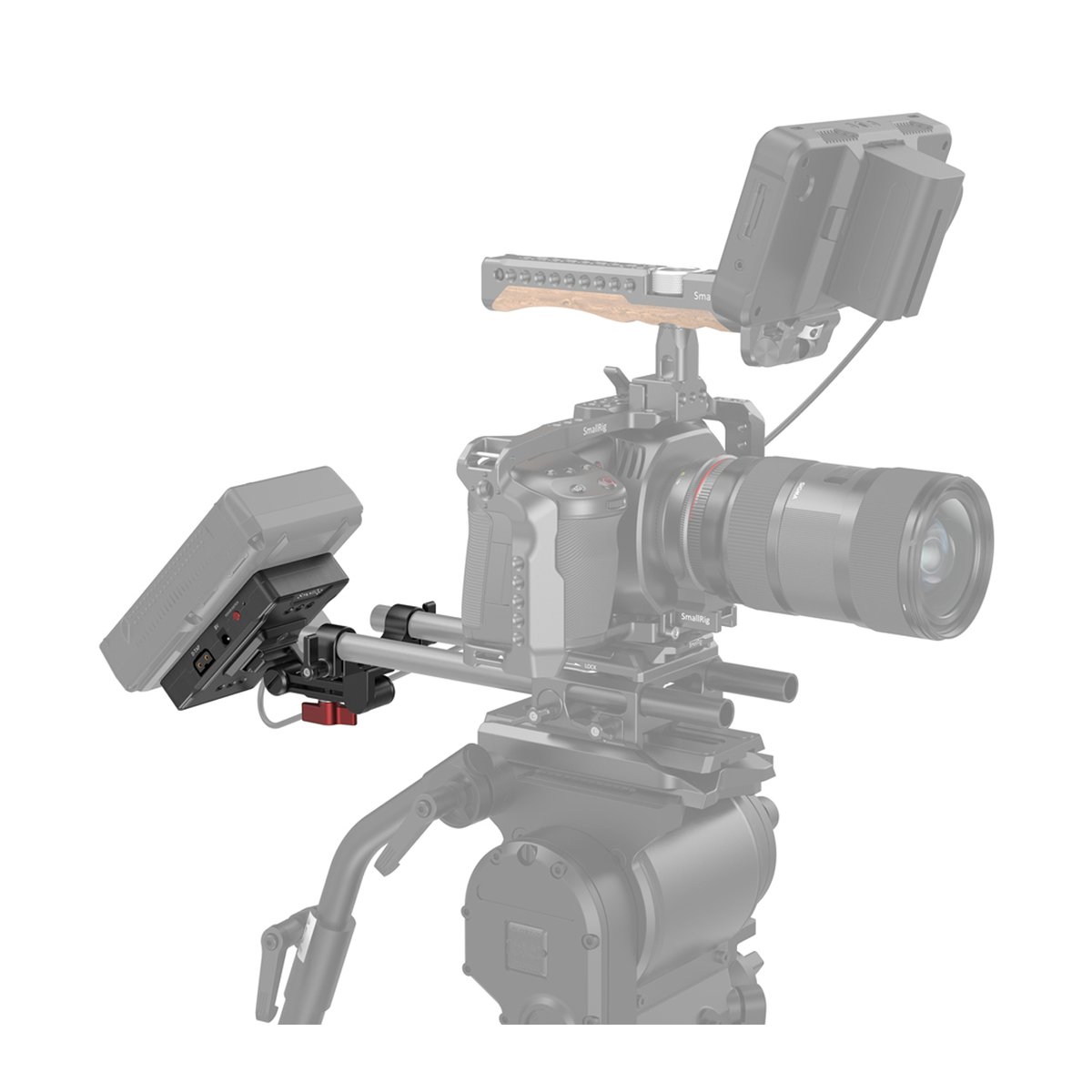 SmallRig 3499 V-Mount-Akkuadapterplatte (Basic Version) mit Verlängerungsarm - DETAILANSICHT: AKKUPLATTE SEITLICH AM KAMERARIG MONTIERT