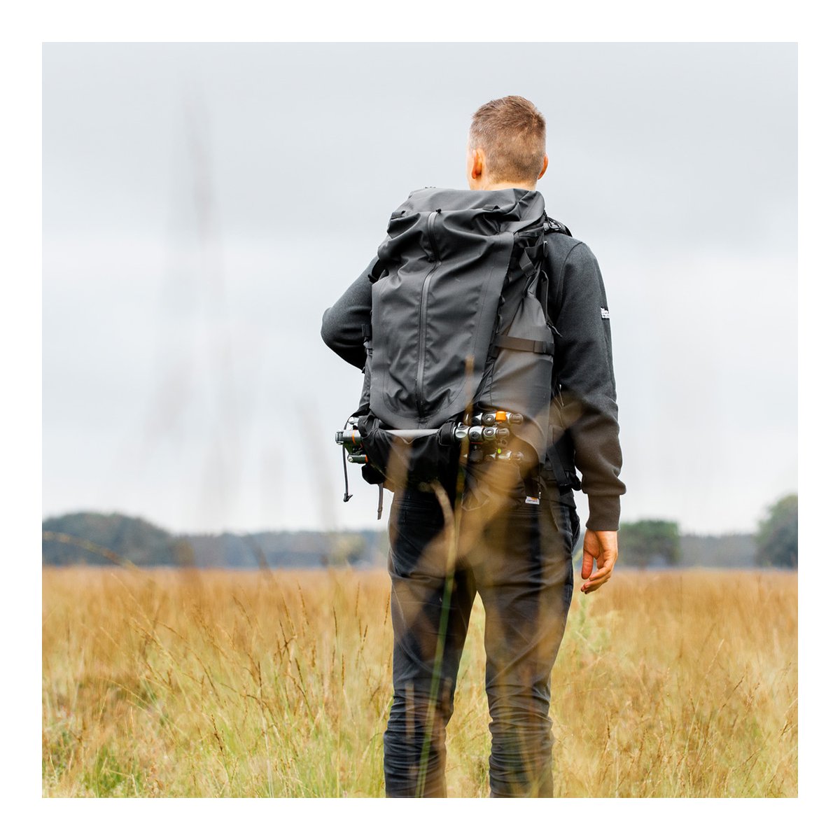 Wandrd Fernweh 50L S/M Schwarz - Anwendungsbeispiel: Rückansicht des Rucksacks am Träger im Feld.