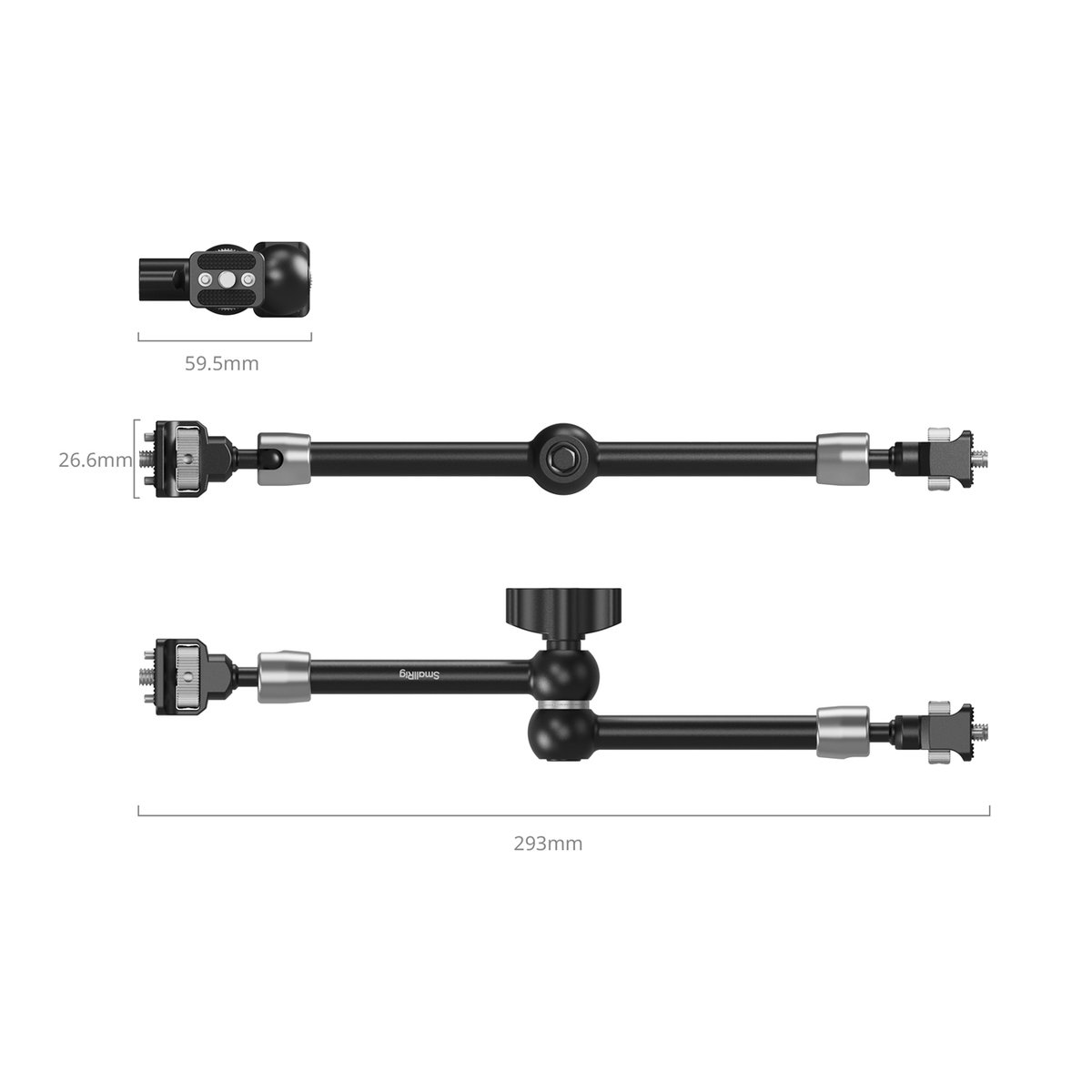 SmallRig 5309 Magic Arm Support 11 Zoll - Abmessungen des Magic Arms: Gerade, angewinkelt und Detailansicht des Endstücks mit Größenangaben.