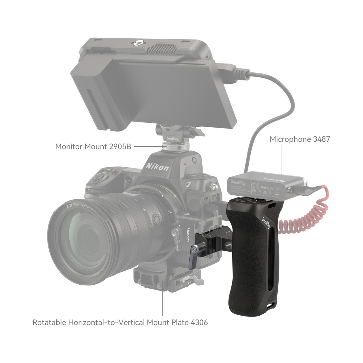 SmallRig 4416 Arca-Typ Seitenhandgriff - Anwendungsbeispiel: Nikon Kamera-Rig mit SmallRig Monitorhalterung, Mikrofon & Montageplatte, beschriftet.