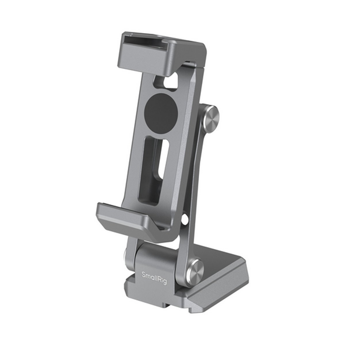 SmallRig 5338 Arca-Standard Phone Supp. Telefonklemme - Vorderansicht des grauen, ausgeklappten SmallRig Smartphone-Halters
