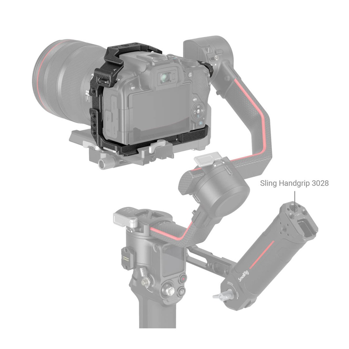 SmallRig 4004 Black Mamba Cage für Canon EOS R10 - Anwendungsbeispiel: Sling Handgrip 3028 montiert an einem Kamerarig mit Gimbal.