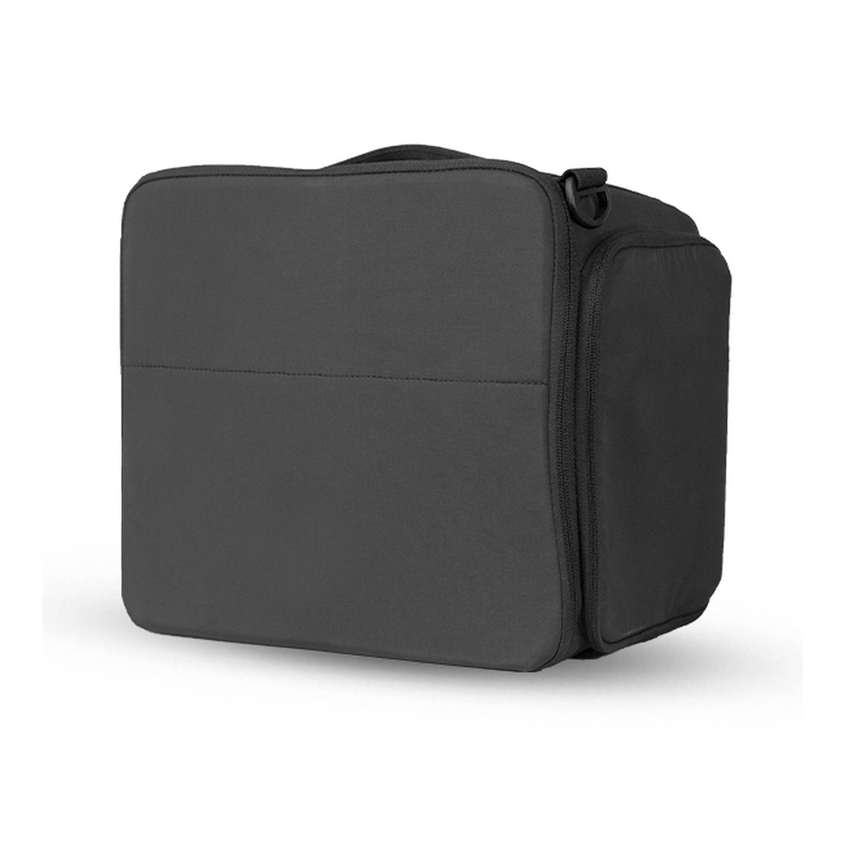 WANDRD CAMERA CUBE Essential Deep (FERNWEH / 41L) - Front- und Seitenansicht eines schwarzen, rechteckigen Schutzetuis mit Reißverschluss und Tragegriff