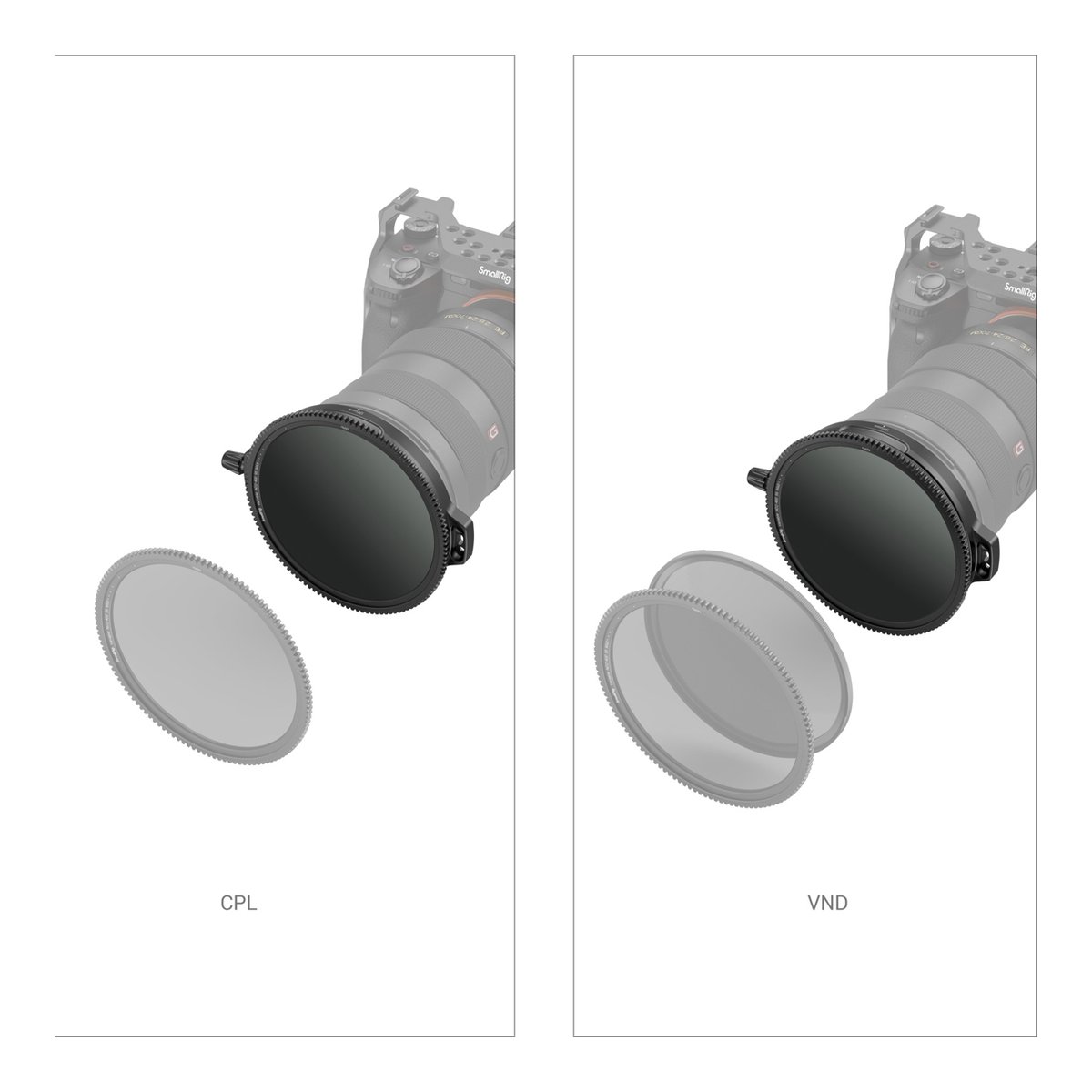 SmallRig 3864 CPL-VND Filterkit 95 mm mit Rod Clamp - Darstellung der CPL- (Einzelfilter) und VND-Filter (Doppelfilter) für das magnetische Kamerasystem.