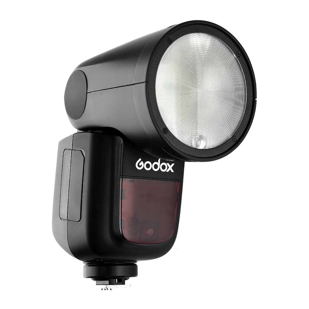 Godox Speedlite V1 Sony X-PRO II Trigger Accessories Kit - Godox Blitzgerät: Frontansicht mit geneigtem Blitzkopf.