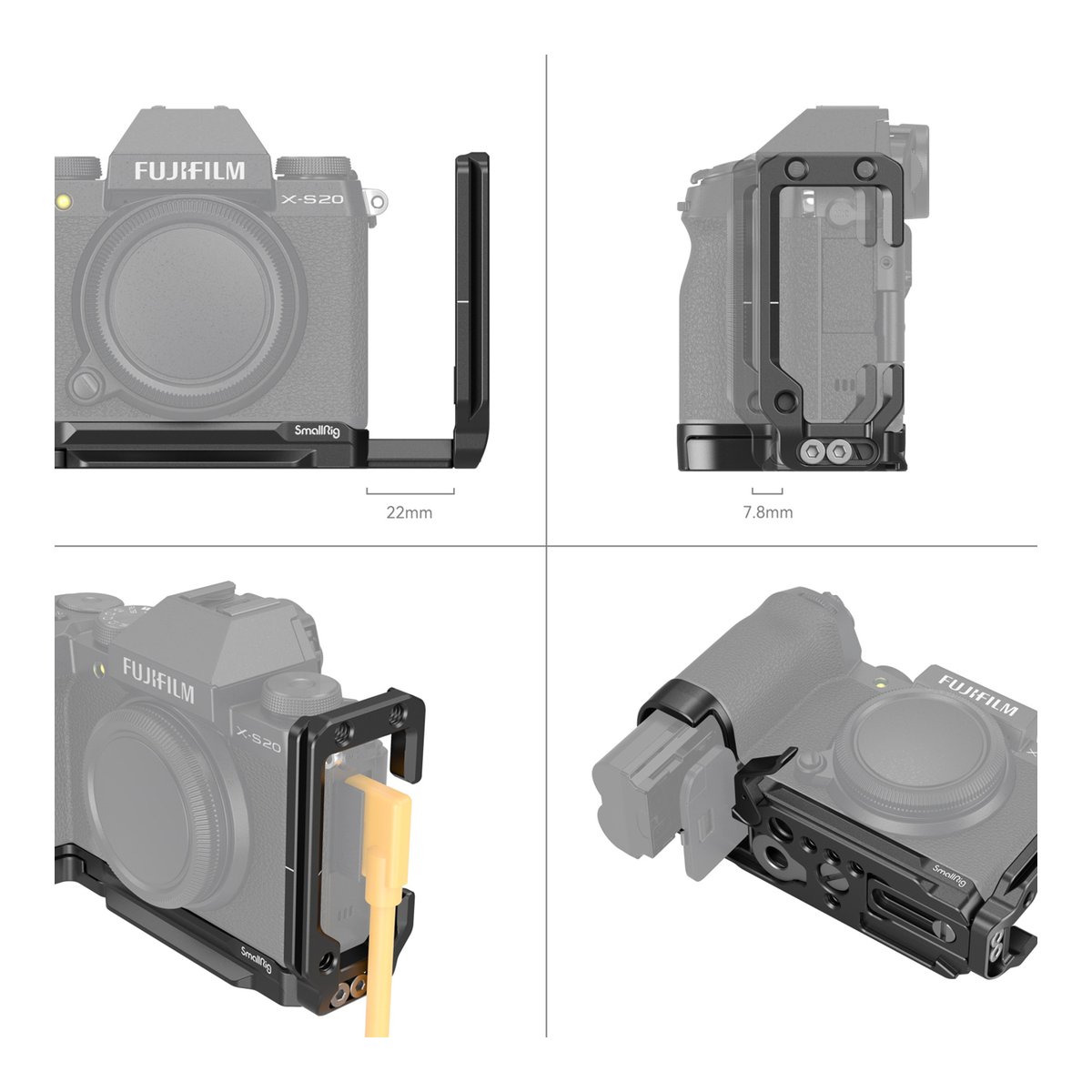 SmallRig 4231 L-Bracket für Fujifilm X-S20 - Ansichten des SmallRig Kamera-Cages für Fujifilm X-S20: ausziehbare Seitenplatte, Kabelführung, Batteriezugang, Masse.