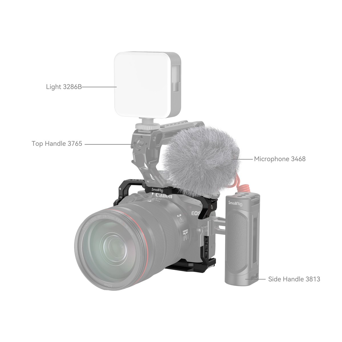 SmallRig 4214 Cage für Canon EOS R50 - Anwendungsbeispiel: Kamera-Rig mit Licht, Top-Griff, Mikrofon & Seitengriff