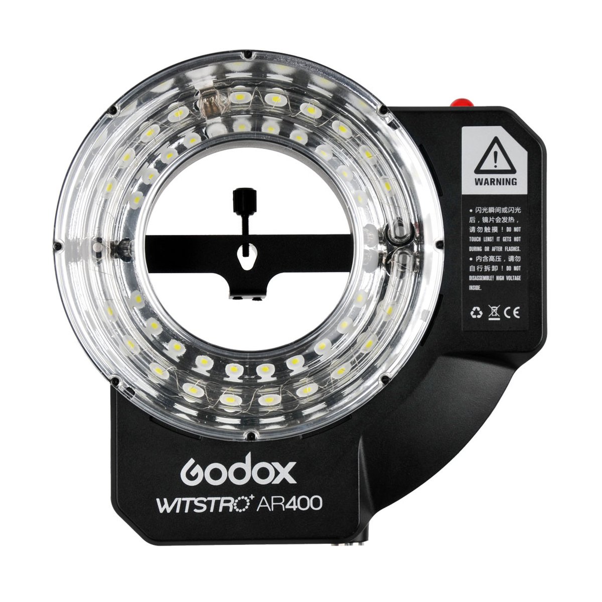 Godox Witstro AR400 (2020 Model) - Frontansicht des Godox WITSTRO AR400 Ringblitzes mit LED-Lichtern und Warnhinweis.