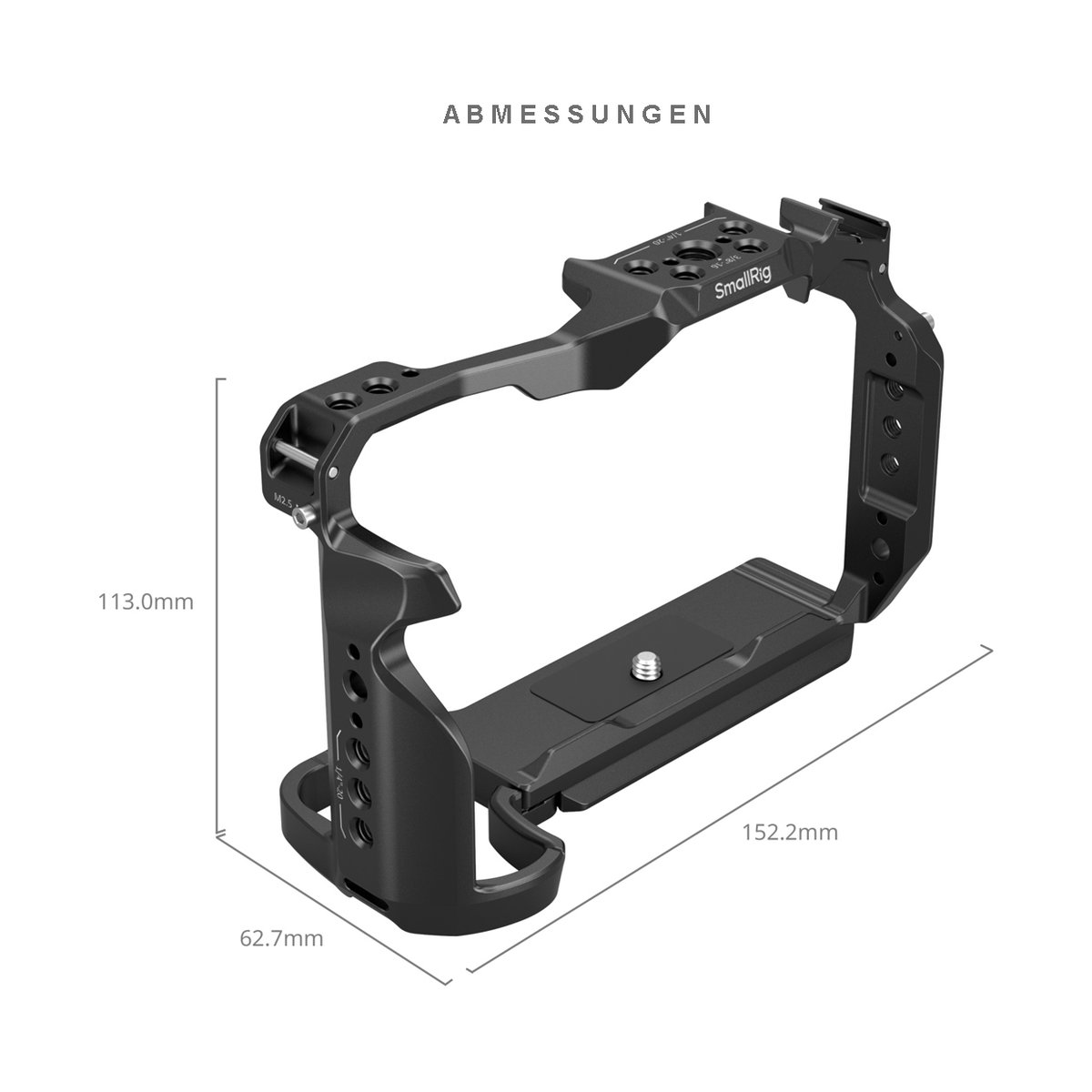 SmallRig 4519 Cage für Nikon Z 6III - Abmessungen des SmallRig Kamerakäfigs mit Längen-, Höhen- und Tiefenangaben.