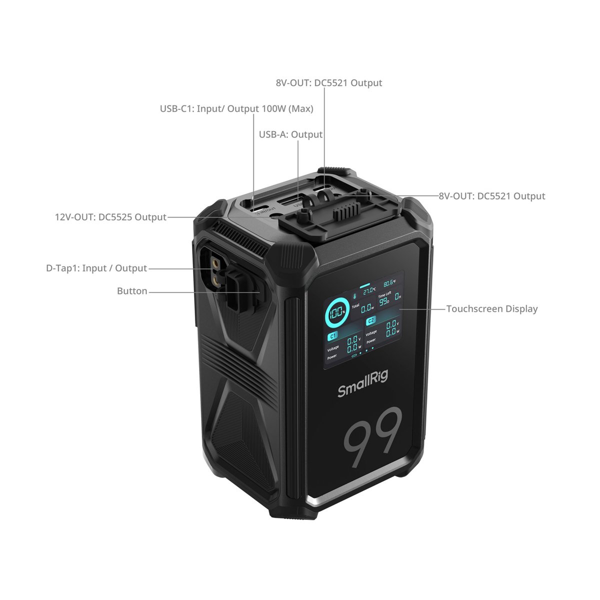 SmallRig 4984 X-Touch Smart Dreifach Proof V-Mount Akku X99 - Detailansicht der Anschlüsse und Bedienelemente des Powerbanks mit Beschriftungen