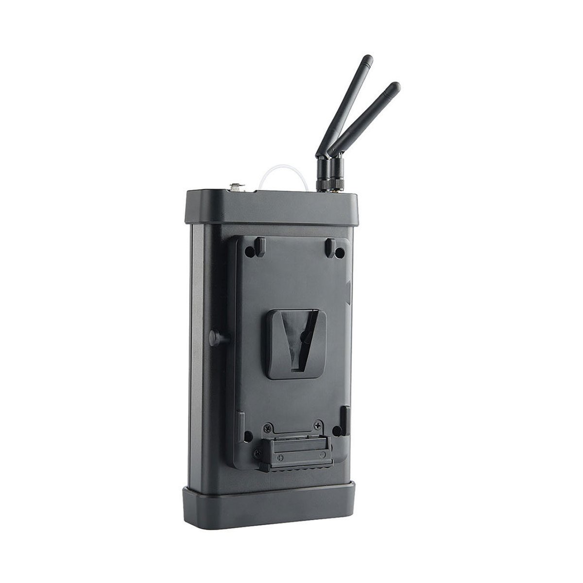 Godox Control Panel für VL150 - Rückansicht eines schwarzen drahtlosen Videotransmitters mit Antennen und V-Mount-Akkuhalterung.