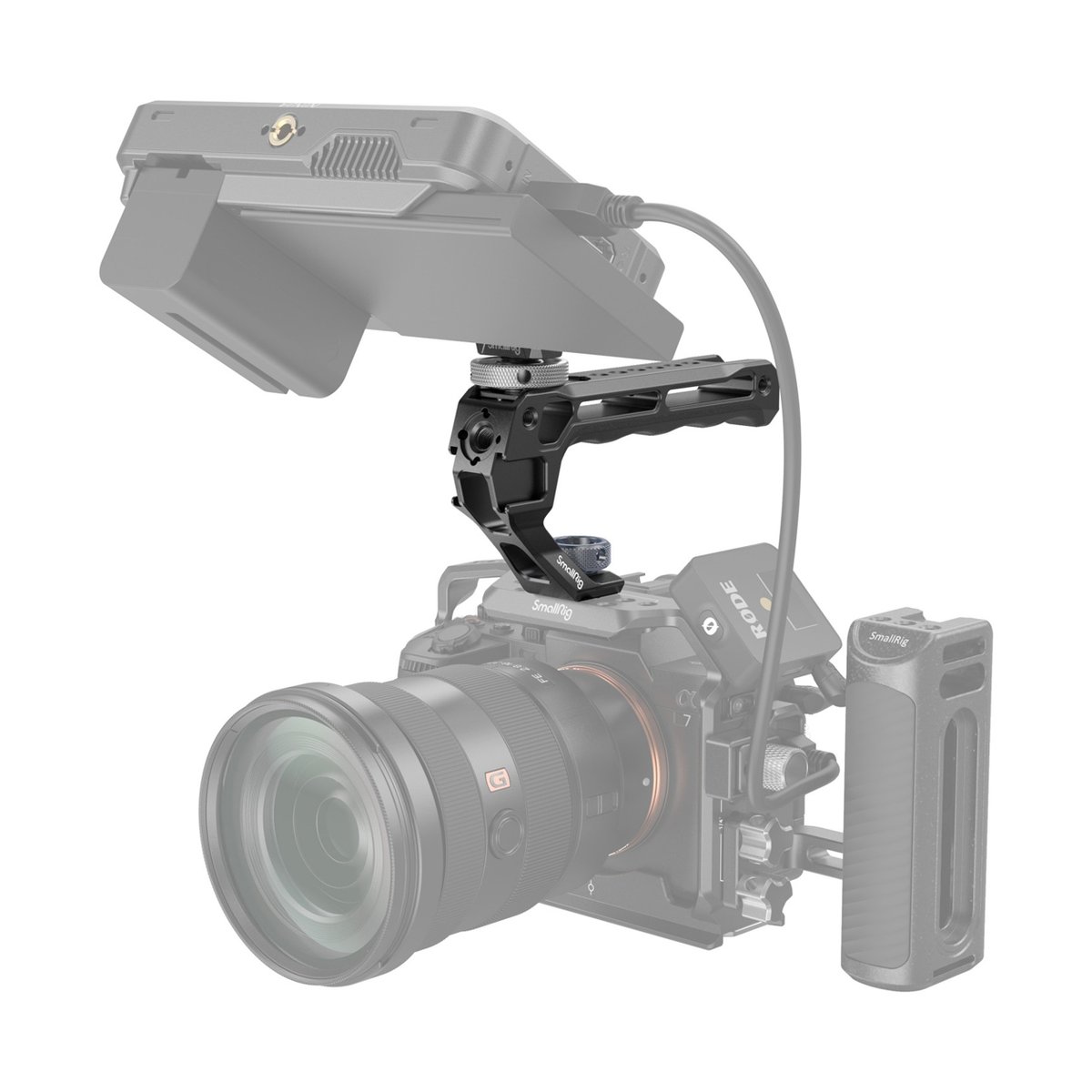SmallRig 5322 Top Handle with Monitor Support Kit (Compatible with Cold Shoe) - Anwendungsbeispiel: SmallRig Top Handle an Kamerarig mit Monitor, Mikrofon und Seitenhandgriff.