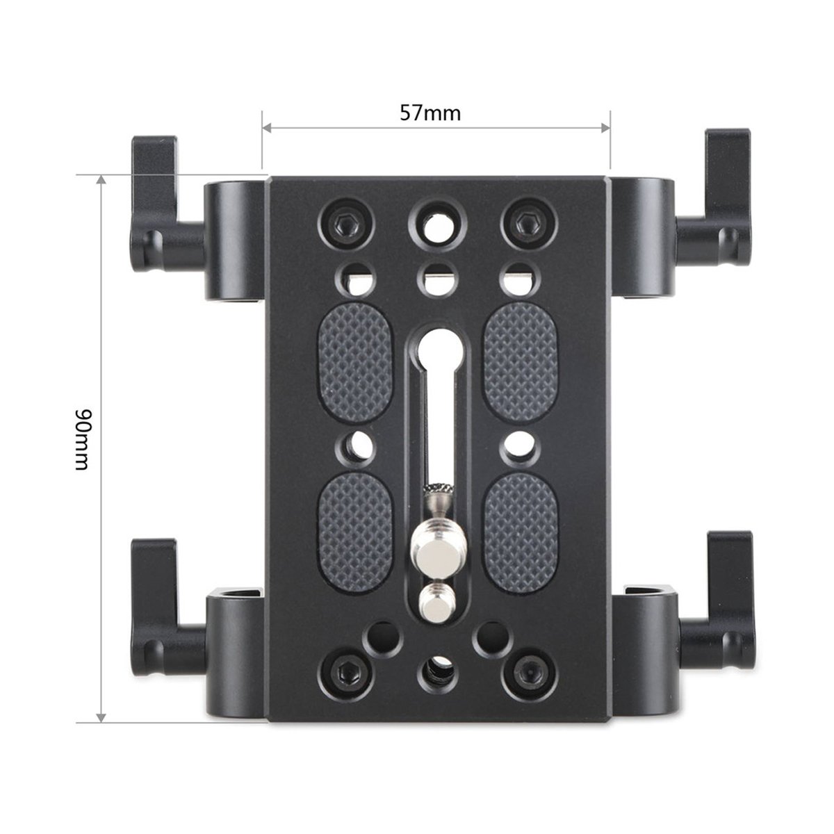 SmallRig 1798 Basisplatte m. 15mm Doppelklemme für schwere Kamera-Rigs - Maßzeichnung: schwarze Montageplatte mit seitlichen Griffen, 90mm Höhe und 57mm Breite. SmallRig 1798 Basisplatte m. 15mm Doppelklemme für schwere Kamera-Rigs - Maßzeichnung: schwarze Montageplatte mit seitlichen Griffen, 90mm Höhe und 57mm Breite.