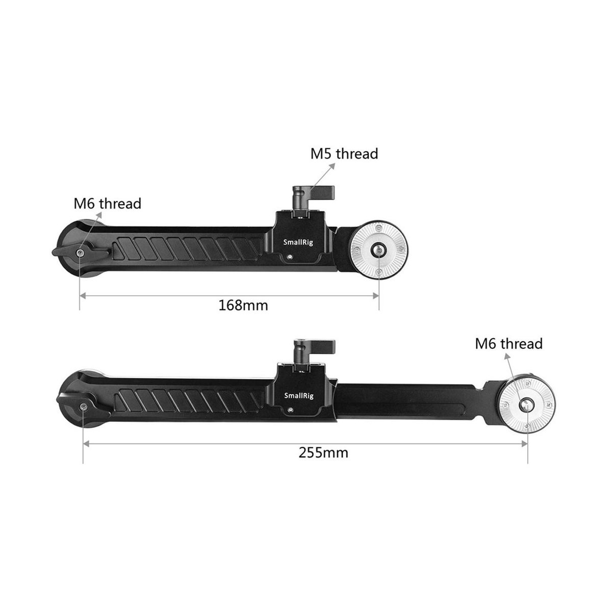 SmallRig 1870 Erweiterungsarm mit Arri-Rosette, für Handgriffe 168-260 mm - Technische Ansicht mit Längenangaben und Gewindetypen (M5, M6) des Produkts