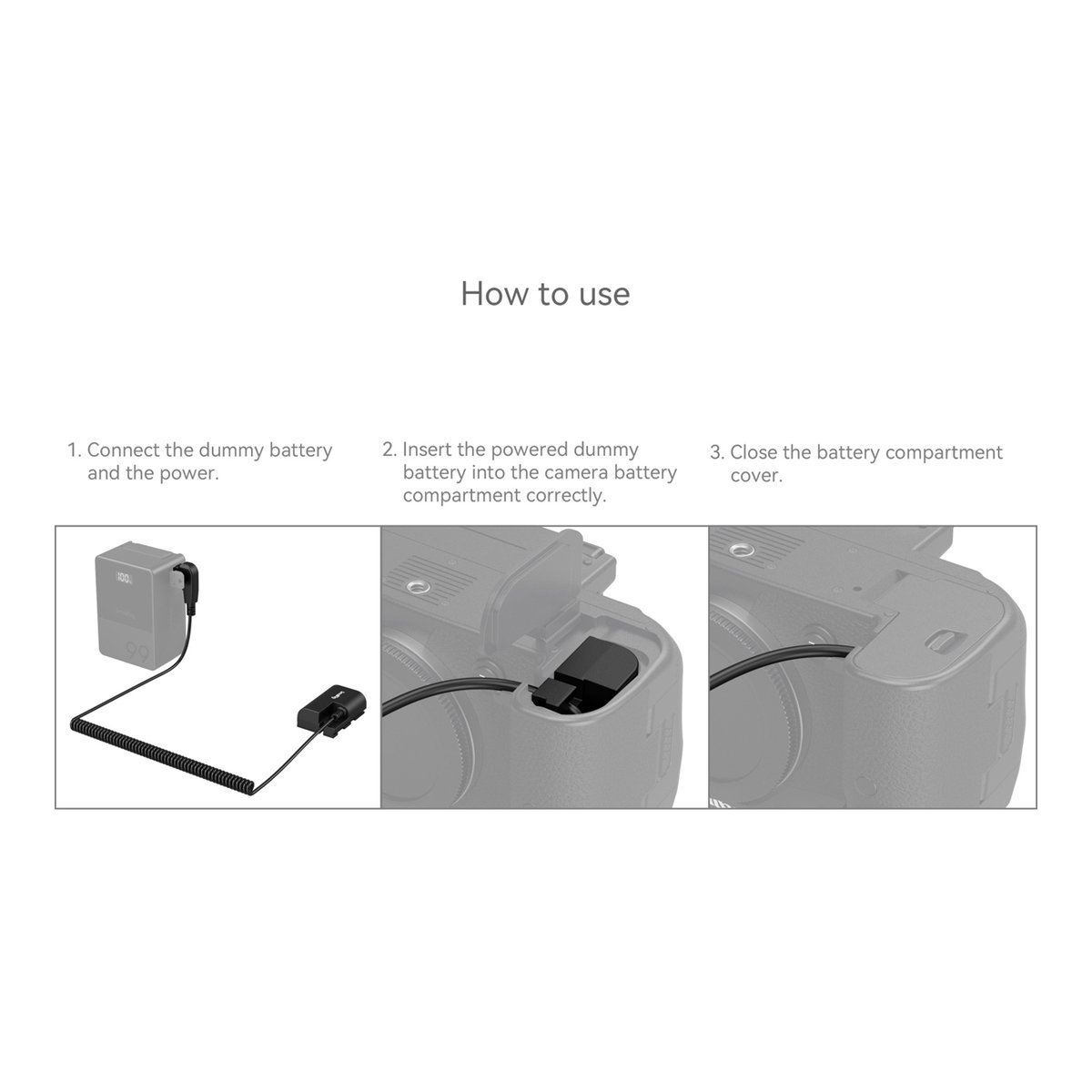 SmallRig 4252 D-Tap zu LP-E6NH Dummy Batterie Stromkabel (Canon) - Nutzungsanleitung: Dummy-Batterie anschließen, in Kamera einsetzen und Batteriefach schließen.