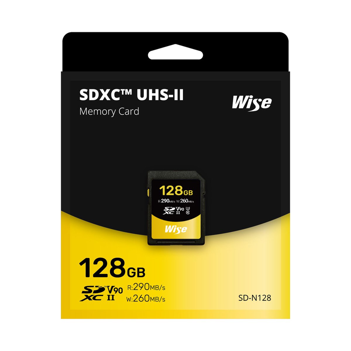 Wise 128GB SDXC UHS-II V90 Memory Card - Produktverpackung: Wise 128GB SDXC UHS-II Speicherkarte mit R:290/W:260 MB/s
