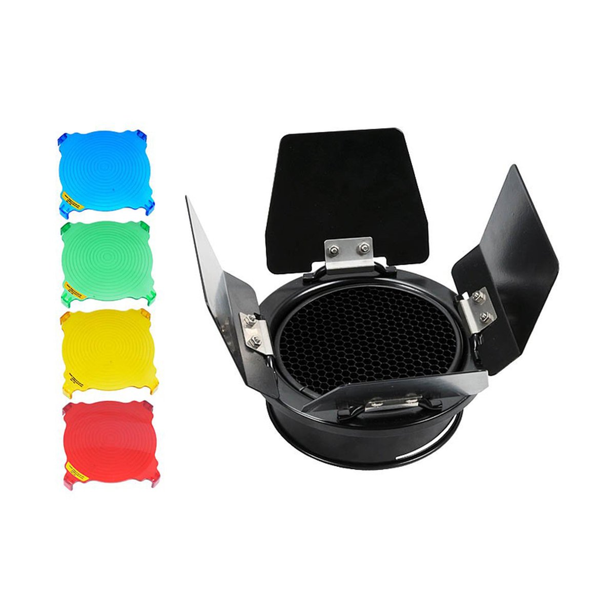 Godox BD-03 Barndoor Kit - Lieferumfang: Schwarzer Reflektor mit Wabengitter und 4 farbige Gel-Filter