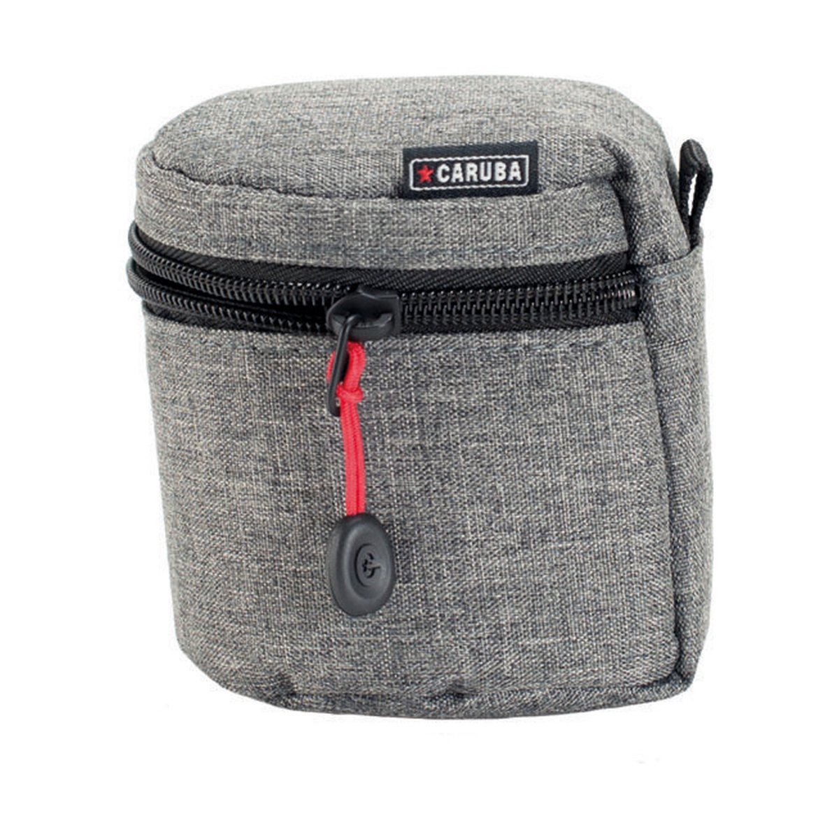 Caruba Tasche für Objektivkugel 60/80mm - Vorderansicht der grauen Caruba Objektivtasche mit Reißverschluss und Logo