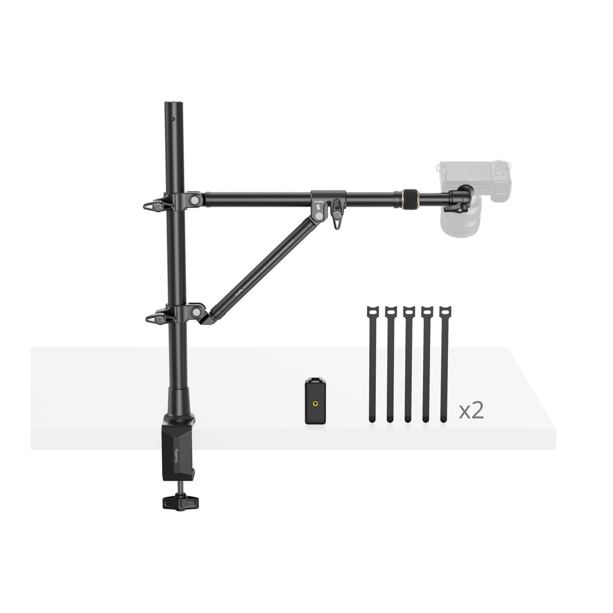 SmallRig 4304 Desktop Overhead Photogr. / Live Streaming Bracket - Lieferumfang: Schwenkbares Kamera-Tischstativ mit Auslegerarm, Tischklemme, Kabelbindern und Adapterplatte.