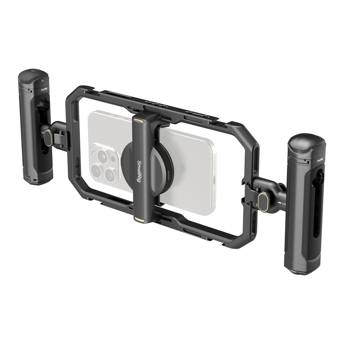 SmallRig 4597 All in one Videokit für Smartphone Creators Quick Basic - Anwendungsbeispiel: SmallRig Smartphone-Videorig mit eingesetztem Handy und Seitenhandgriffen, schräg von vorne. SmallRig 4597 All in one Videokit für Smartphone Creators Quick Basic - Anwendungsbeispiel: SmallRig Smartphone-Videorig mit eingesetztem Handy und Seitenhandgriffen, schräg von vorne.