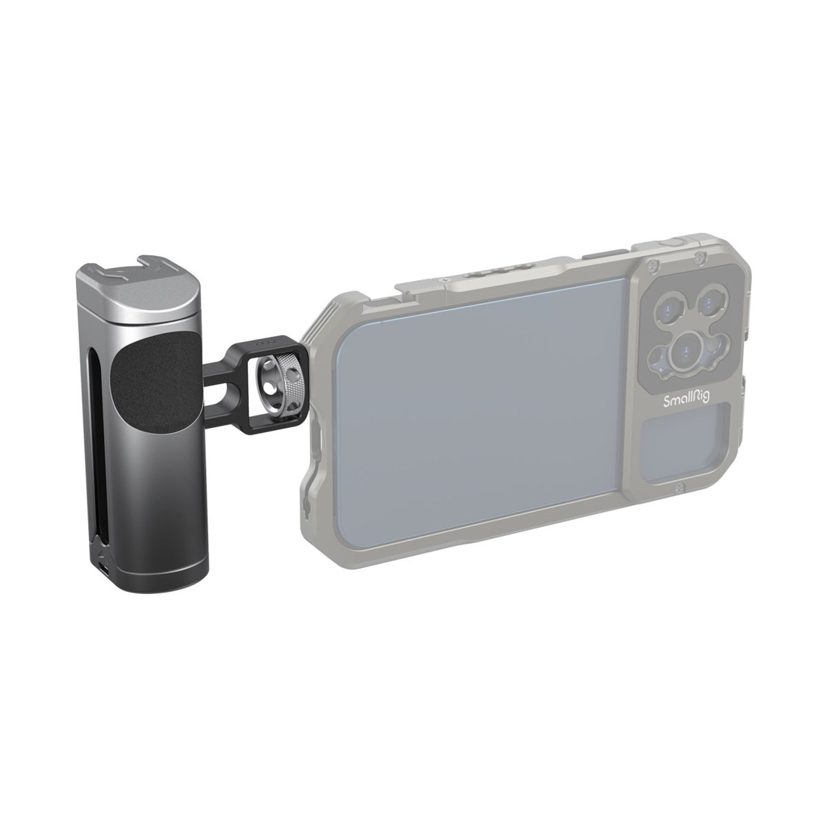 SmallRig 3894 Seitengriff für Mobiltelefon-Cages - Seitenansicht eines SmallRig Smartphone-Rigs mit montiertem Schwenkgriff.